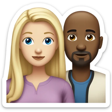 Blonde woman with blue eyes and long straight hair and black man who is bald with a goatee in love with each other  sticker