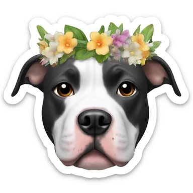 Black and white Pitbull with floral crown sticker