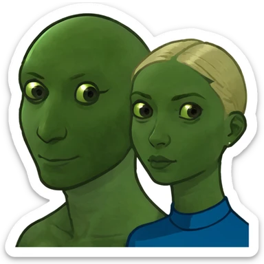 a beautiful woman with blond hair and brown eyes with her husband whos white with blue eyes, a blonde goatie and is bald  sticker