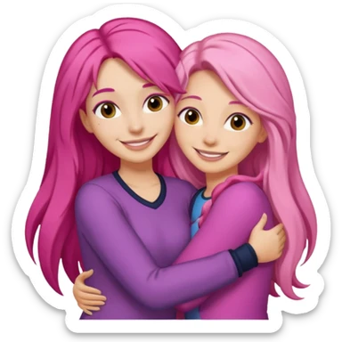 Surprisingly goofy once they open up. Strong, loyal, and incredibly supportive — but still hates wasting time. one woman long pink hair hugging another woman with dark hair sticker