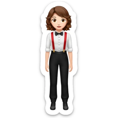 Woman with wavy brown hair and hazel eyes wearing black tuxedo pants with red suspenders sticker