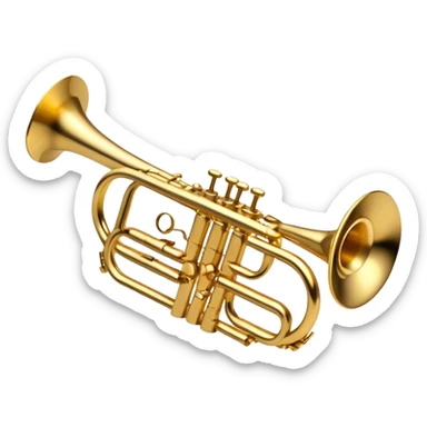 Cinematic Realistic Trumpet, polished brass with warm golden reflections, intricate valve details subtly highlighted, soft hands pressing the keys, glowing with bold and triumphant musical energy. sticker