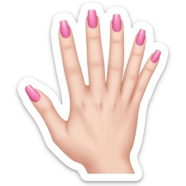  pink  close-up of a human hand with exactly five fingers, beautifully manicured nails, glossy pink nail polish, elegant nail shape, soft lighting, realistic style, isolated on transparent background" sticker