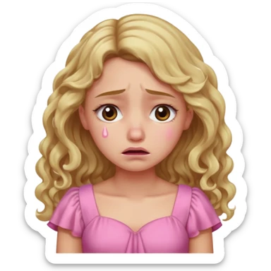 the girl is that crying with tears she has brown eyes and blond long hair curly pink dress  sticker