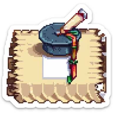 rolled parchment with a graduation cap on top, pixel art style sticker
