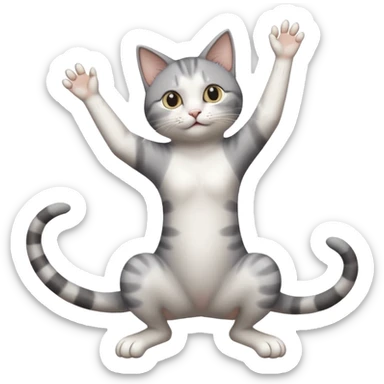 grey and white cat doing a big long stretch reaching up into the air with arms and legs together sticker