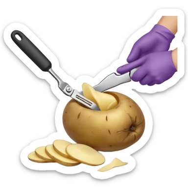 hand peeling a potato with a small kitchen peeler, potato skin curling off, simple white background, realistic textures, clean and bright, fun expressive design



 sticker