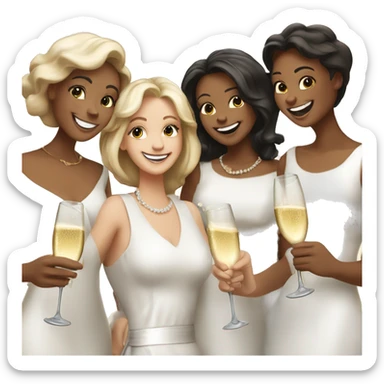 Group of 5 smiling women, one boy and a woman with white dress clinking champagne sticker