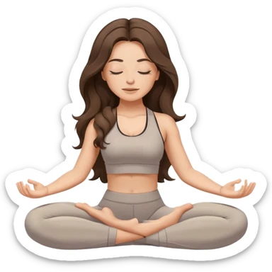 Brunette long wavy hair Woman wearing neutral colour gym set with eyes closed and long eyelashes doing yoga mediation  sticker
