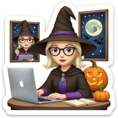 A female video editor wearing glasses, dressed like a witch with a pointed hat, sitting at a laptop editing a video, cinematic lighting, cozy creative studio, professional look, high quality, realistic sticker