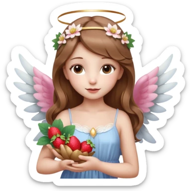 یه دختر زیبا با موهای قهوه ای روشن که مثل یک فرشته است و تازه متولد شده به همراه گل نیلوفر لای موهاش بالای گوشش و همراه با نیلوفرهای آبی و یک گل نیلوفر ترکیب شده با توت فرنگی در دست راستش. لباسش تصویر خرس داشته باشه روس sticker