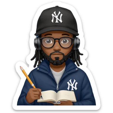 African American man with shoulder length black dreadlocks with black beard wearing black sunglasses wearing a black New York Yankees logo baseball cap wearing a black bubble winter coat wearing headphones writing a rap song in notebook sticker