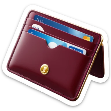 A professional studio photograph of a high-quality, slim leather card holder. The card holder is in [deep Burgundy color with a high-gloss patent enamel finish, reflecting light like a jewel .It features precise stitching and minimalist, elegant metal hardware sticker