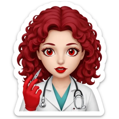 Lilith scalpel in hand, evil surgeon sexy surgeon clothes.  She has red eyes. She has dark brown long curly hair. Wears sexy doctor outfit with red gloves. Covers mouth neck and nose with red litham for Muslim woman sticker