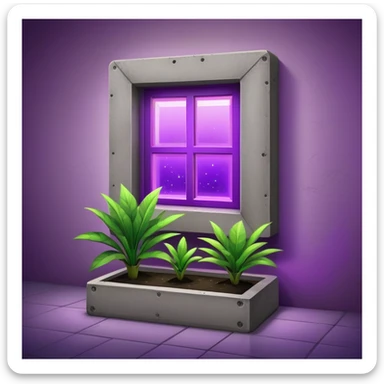 Rectangular concrete structure at night with one bright purple window from plant grow lights sticker