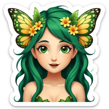 Cinematic Realistic Forest Nymph Fairy Portrait, head tilted dramatically with an exaggeratedly amused expression, featuring a striking, nature-infused form with glowing, sun-kissed tanned skin and vividly detailed dark green hair adorned with floral accents. Her expressive eyes brim with playful forest mischief, rendered with vibrant, lifelike textures and dynamic dappled lighting that conveys a spirited, over‐the‐top woodland whimsy showing her large butterfly wings from her back. sticker