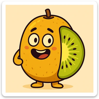 golden kiwi fruit, cartoon style, cute face, bright yellow and green, simple background sticker