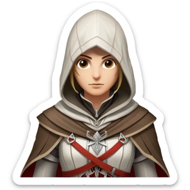 icon featuring Assasin's Creed in an iconic assassin's hood, standing tall. Florence is on background. The design captures the essence of adventure, with intricate details of historical architecture and a sense of mystery. The character is poised, ready for action. transparent background. sticker