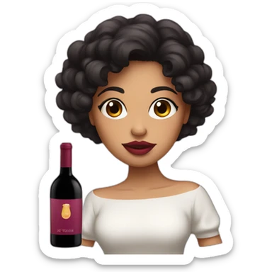 White latin girl with with pink big lips, curly black hair and wine sticker