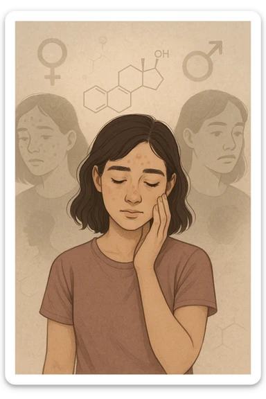 A young woman is surrounded by faint overlays of hormonal symbols and androgen molecules, with shadowy images of acne, facial hair, and oily skin projected around her, symbolizing the symptoms of PCOS with androgen excess. She looks down, gently touching her face with a resigned but hopeful expression, symbolizing her journey toward managing these symptoms. sticker
