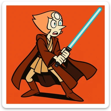 Pearl from Steven Universe in Jedi robes, holding a blue lightsaber, dramatic pose, cartoon style sticker