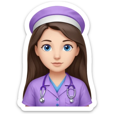 pretty brunette nurse with long hair and blue eyes in lilac scrubs sticker