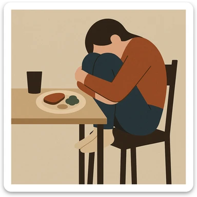 a person hiding their sadness and eating disorder, sitting with knees to chest at a table, head down, untouched meal, muted color palette, minimalist style sticker