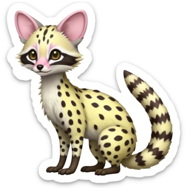 Pastel White and pastel yellow with pastel Pink-spotted genet-Trico-Vernid-Cacomistl-Fakémon-hybrid-fusion-creature (full body) sticker