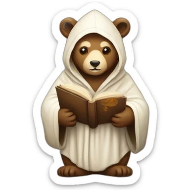 Bear monk in hooded robe and with old book sticker