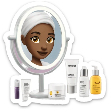 skincare routine on a white makeup vanity with mirror  sticker