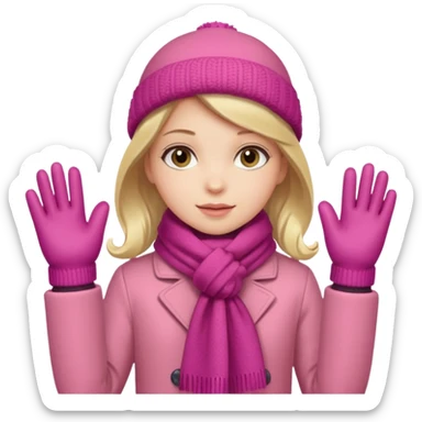The girl is wearing a warm pink winter coat and a pair of woolen gloves. sticker