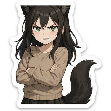 A girl with black fox ears and a tail, green eyes, dark hair, looking angry sticker