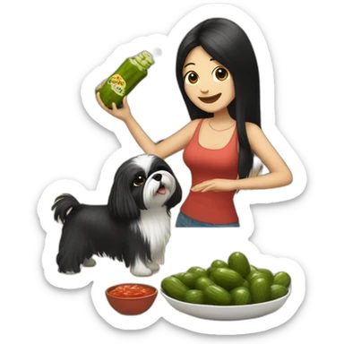 white woman with black long straight hair dancing salsa while eating pickles with a shih tzu dog sticker