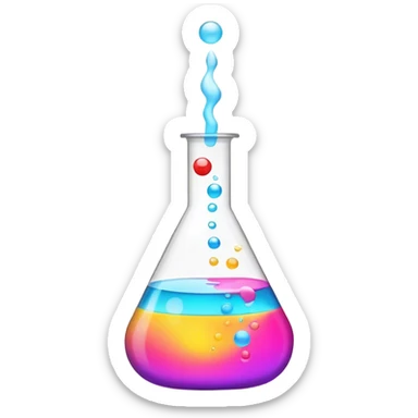 A bubbling chemistry flask filled with a glowing, colorful liquid. Tiny, unfinished emoji icons float above it, as if forming from the experiment. Soft mist rises from the flask, creating a mystical and creative atmosphere. Flat, minimalist digital illustration, empty state design, neutral background. sticker