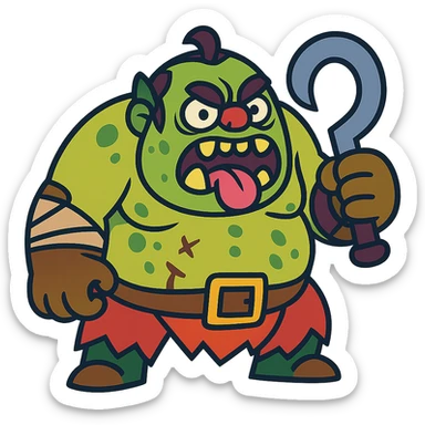 Cartoonish redesign of Pudge from Dota 2, exaggerated features, vibrant colors, playful style sticker