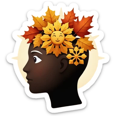 silhouette of a head with seasonal icons (leaf, snowflake, sun, flower) sticker