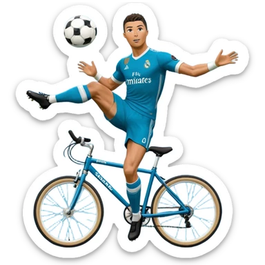Ronaldo doing a bicycle kick with football in mid air While wearing a Retro blue Real madrid kit and yes i want it to be exactly the same as he Scored it in 2018 vs Juventus  sticker
