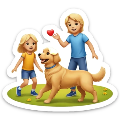 A Golden Retriever playing with children in a park, joyful interaction, warm sunlight, natural smiles, photorealistic family scene. sticker