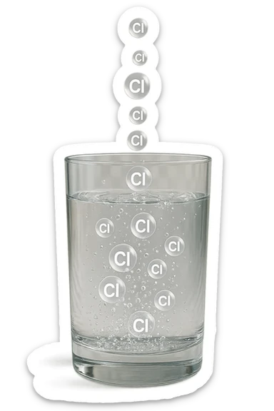 un bicchiere di acqua fluttua in aria realistico e dettagliato, dentro l'acqua del bicchiere ci sono particelle di cloro ben visibili con la scritta "Cl" sopra, ci sono particelle anche che escono dal bicchiere e fluttuan
o in aria verticalmente, mentre alcune sono all'interno dell'acqua nel bicchiere, iperrealistico 4k sticker