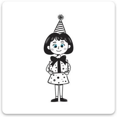 a girl with brown hair and blue eyes, holding a present and wearing a birthday hat, hand drawn doodle style sticker