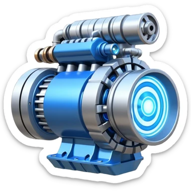 Powerful half-futuristic half-modern engine emoji, thick industrial metal body, rotating inner parts, glowing energy core. sticker