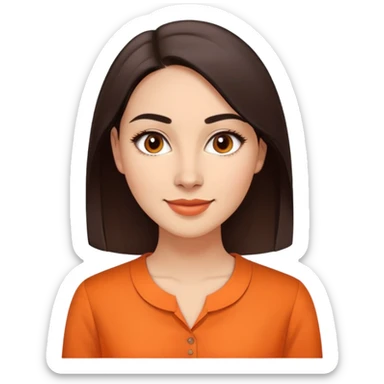 Young woman in her 30s with light skin, oval face, soft features, large dark brown eyes, medium eyebrows, small nose, friendly smile, long straight dark brown hair, wearing an orange elegant blouse sticker