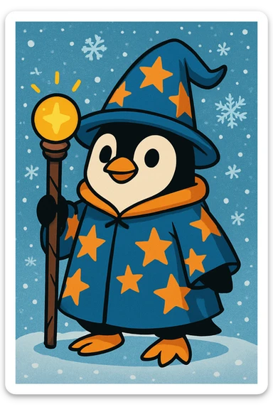 Add a snowy background to the penguin wizard scene, keeping the fun and whimsical vibrant toon style. sticker