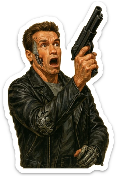 Terminator Arnold Schwarzenegger aiming a gun upward, metallic endoskeleton details, surprised expression, realistic painted cartoon style sticker