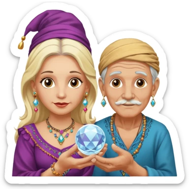 Elderly cleanshaven male gypsy with earrings and blonde female gypsy holding a crystal ball sticker