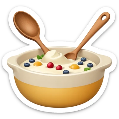 A cream ceramic baking bowl with a wooden spoon in it sticker