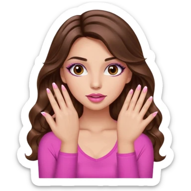 girl with long wavy brown hair, brown eyes, light to medium complexion, in a pink sexy top, pink lips, long lashes, puckered lips, showing my manicure one hand 5 fingers sticker