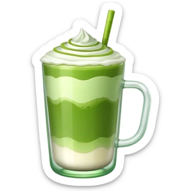 matcha latte in a clear glass with green layers and frothy top sticker
