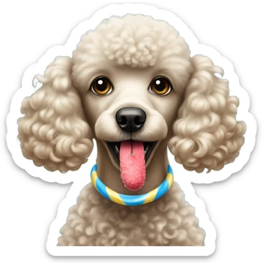 poodle holding blue and yellow candy cane in its mouth sticker