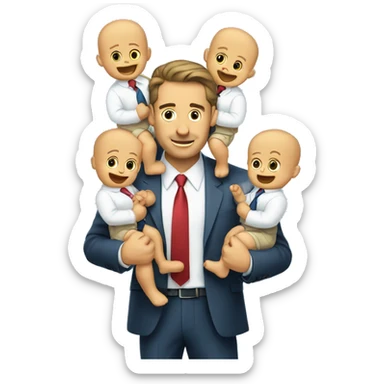 a businessman holding two babies, one in each arm. The business man has two more arms coming out of him, and with each of those he's dangling cash over the babies' heads sticker